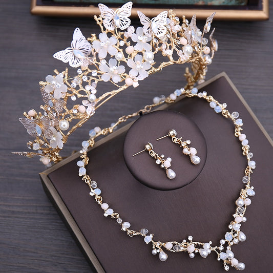 Crystal Beads, Pearl, Butterfly, Flower and Rhinestone Tiara, Necklace & Earrings Wedding Jewelry Set
