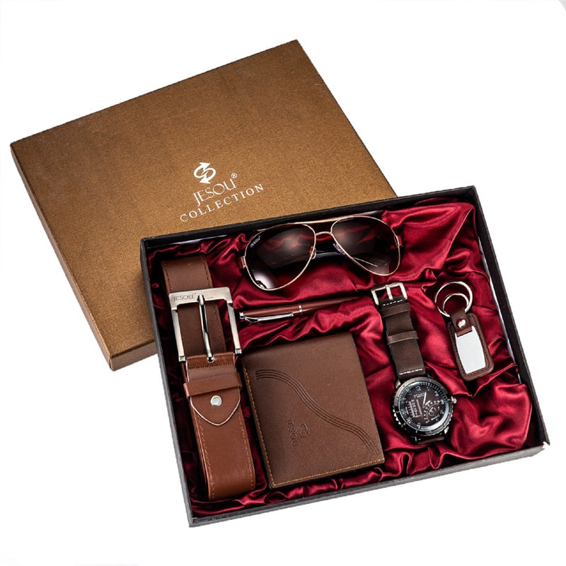 Men Quartz Watch, Sunglasses, Belt, Wallet, Ballpoint Pen, and Keychain Gift Set-Jewelry Sets-Innovato Design-Brown-Innovato Design