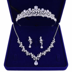 Crystal, Leaf and Rhinestone Tiara, Necklace & Earrings Wedding, Pageant Prom Jewelry Set-Jewelry Sets-Innovato Design-Silver-Innovato Design