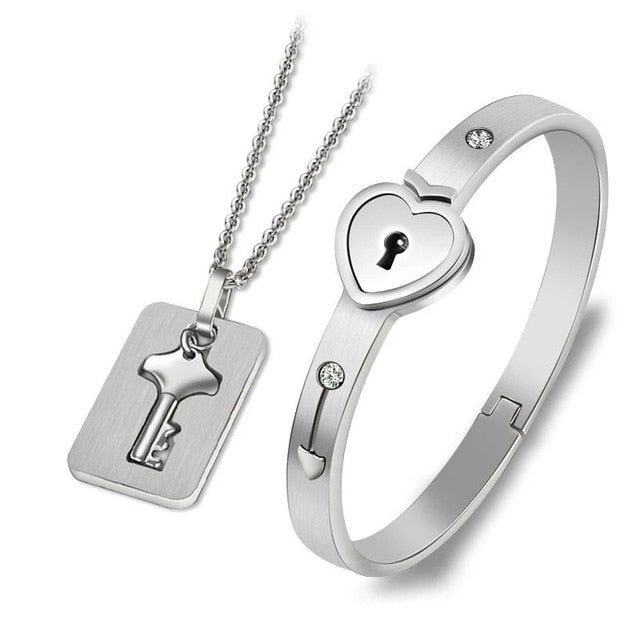 Love Heart Lock and Key Stainless Steel Necklace & Bracelet Fashion Couple Jewelry Set-Jewelry Sets-Innovato Design-Silver-Innovato Design
