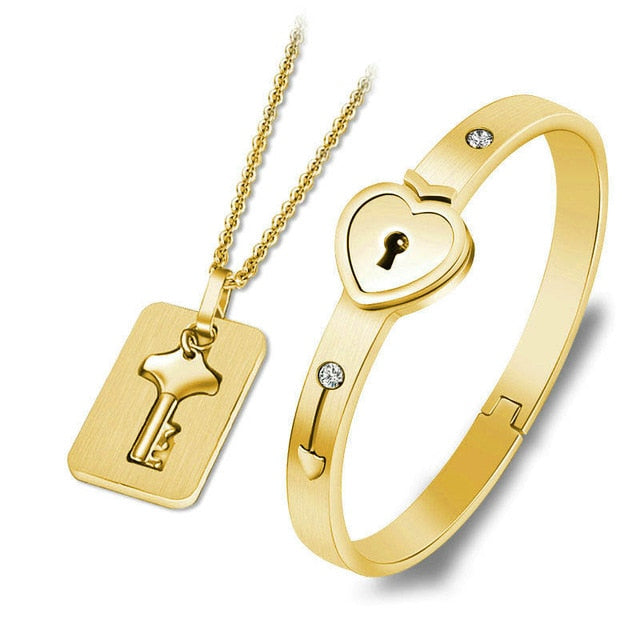 Love Heart Lock and Key Stainless Steel Necklace & Bracelet Fashion Couple Jewelry Set-Jewelry Sets-Innovato Design-Gold-Innovato Design