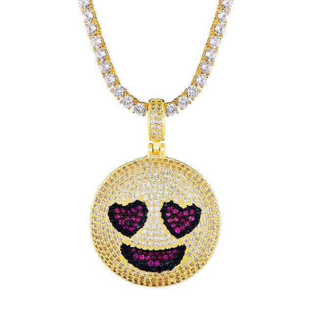 Cubic-Zirconia-Studded Gold-Plated Emoticon Bling Hip-hop Pendant Necklace-Necklaces-Innovato Design-Smiley Heart-4mm Rope-20inch-Innovato Design