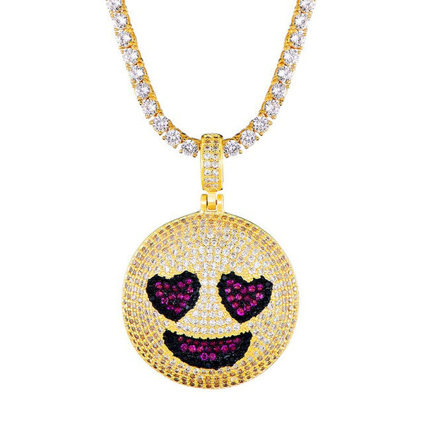 Cubic-Zirconia-Studded Gold-Plated Emoticon Bling Hip-hop Pendant Necklace