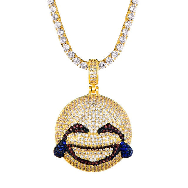 Cubic-Zirconia-Studded Gold-Plated Emoticon Bling Hip-hop Pendant Necklace-Necklaces-Innovato Design-Smiley Tears-4mm Tennis-22inch-Innovato Design