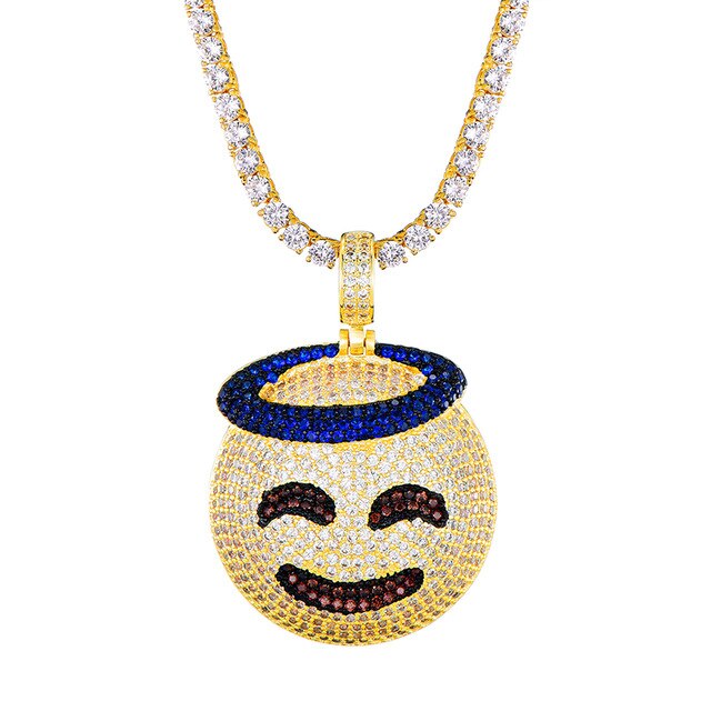 Cubic-Zirconia-Studded Gold-Plated Emoticon Bling Hip-hop Pendant Necklace-Necklaces-Innovato Design-Smiley Angel-4mm Tennis-24inch-Innovato Design