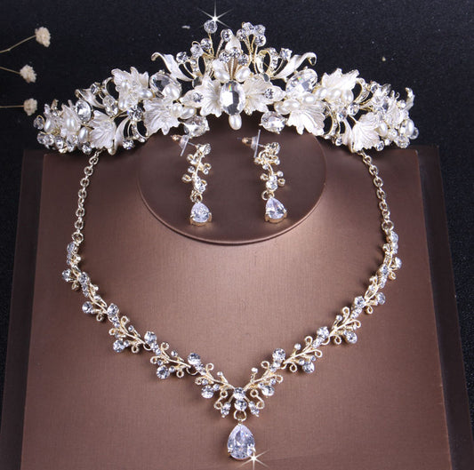Baroque Vintage Gold, Crystal, Leaf, Pearl and Rhinestone Tiara, Necklace & Earrings Jewelry Set-Jewelry Sets-Innovato Design-Gold-Innovato Design