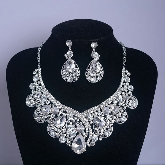 Big Rhinestone and Silver-Plated Crystal Tiara, Necklace & Earrings Wedding Jewelry Set-Jewelry Sets-Innovato Design-Innovato Design