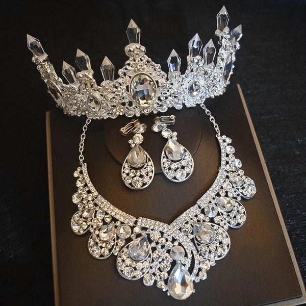 Big Rhinestone and Silver-Plated Crystal Tiara, Necklace & Earrings Wedding Jewelry Set-Jewelry Sets-Innovato Design-Innovato Design