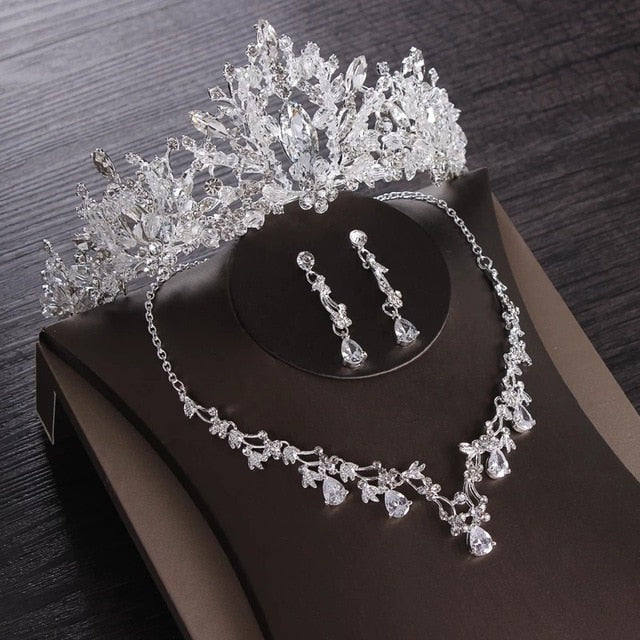 Crystal and Cubic Zirconia Tiara, Necklace & Earrings Wedding Prom Jewelry Set-Jewelry Sets-Innovato Design-Style H-Innovato Design