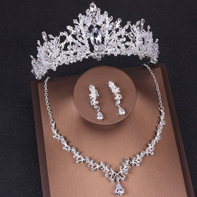 Crystal and Cubic Zirconia Tiara, Necklace & Earrings Wedding Prom Jewelry Set-Jewelry Sets-Innovato Design-Style A-Innovato Design