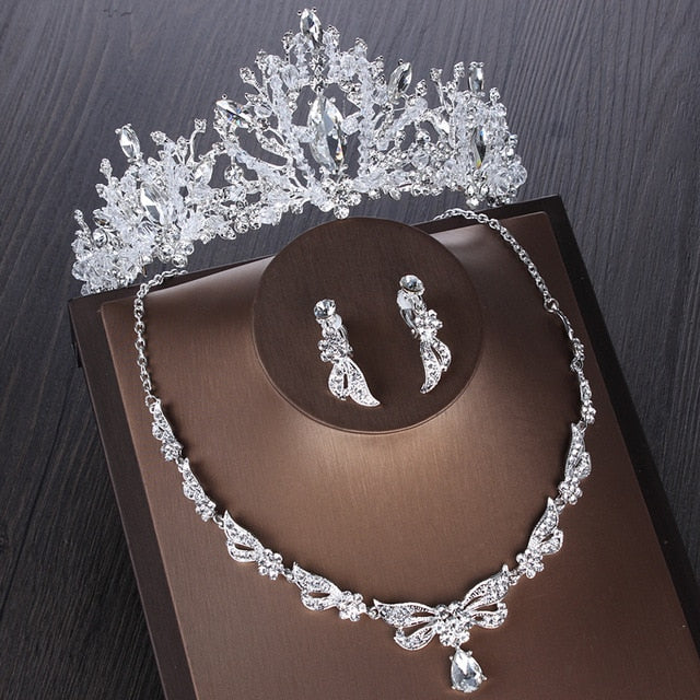 Crystal and Cubic Zirconia Tiara, Necklace & Earrings Wedding Prom Jewelry Set-Jewelry Sets-Innovato Design-Style B-Innovato Design