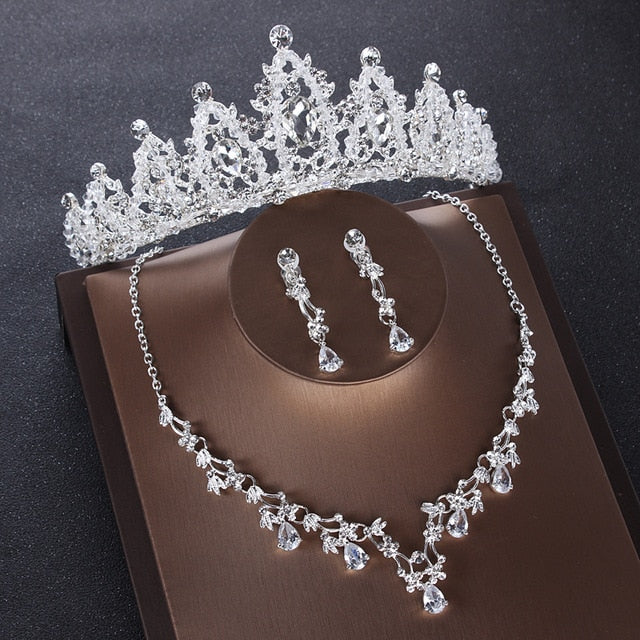 Crystal and Cubic Zirconia Tiara, Necklace & Earrings Wedding Prom Jewelry Set-Jewelry Sets-Innovato Design-Style D-Innovato Design