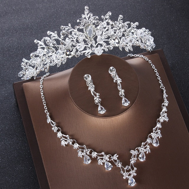 Crystal and Cubic Zirconia Tiara, Necklace & Earrings Wedding Prom Jewelry Set-Jewelry Sets-Innovato Design-Style E-Innovato Design