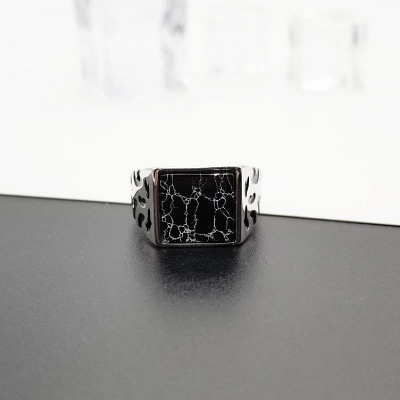 Square Cracked Black Turquoise Stone 925 Sterling Silver Adjustable Vintage Ring-Rings-Innovato Design-Innovato Design