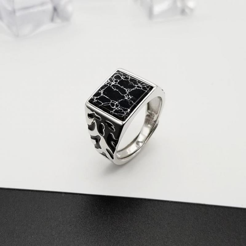 Square Cracked Black Turquoise Stone 925 Sterling Silver Adjustable Vintage Ring-Rings-Innovato Design-Innovato Design