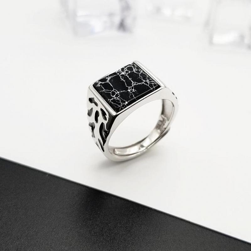 Square Cracked Black Turquoise Stone 925 Sterling Silver Adjustable Vintage Ring-Rings-Innovato Design-Innovato Design