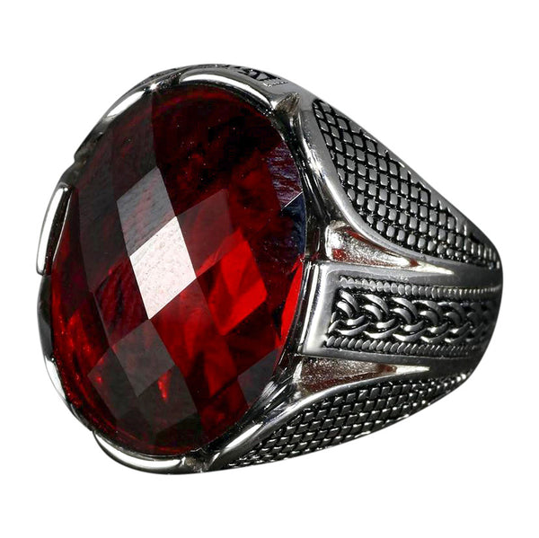 Multifaceted Red Cubic Zirconia 925 Sterling Silver Vintage Wedding Ring