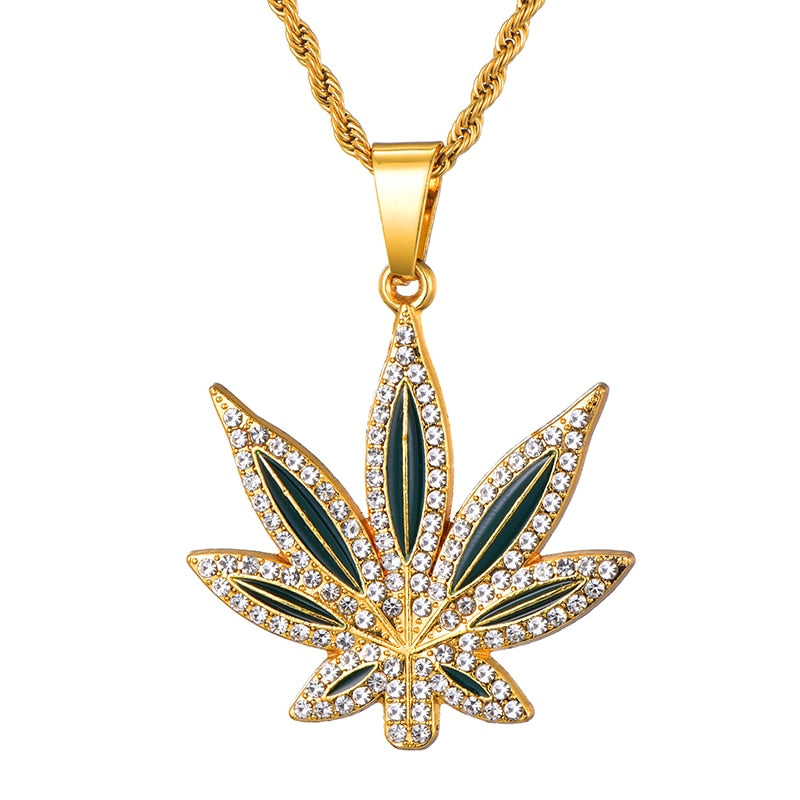 Rhinestone-Studded Leaf Bling Rope Chain Hip-hop Pendant Necklace-Necklaces-Innovato Design-Innovato Design