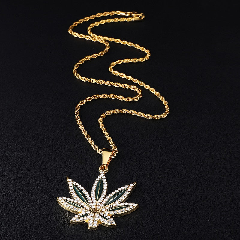 Rhinestone-Studded Leaf Bling Rope Chain Hip-hop Pendant Necklace-Necklaces-Innovato Design-Innovato Design