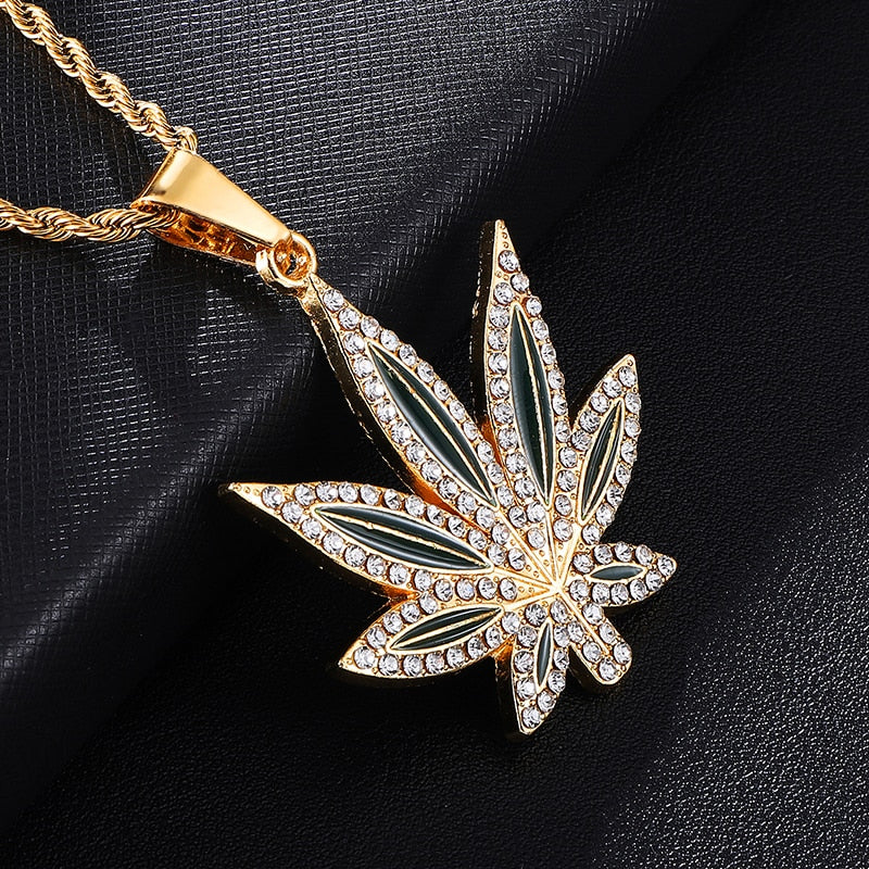 Rhinestone-Studded Leaf Bling Rope Chain Hip-hop Pendant Necklace-Necklaces-Innovato Design-Innovato Design