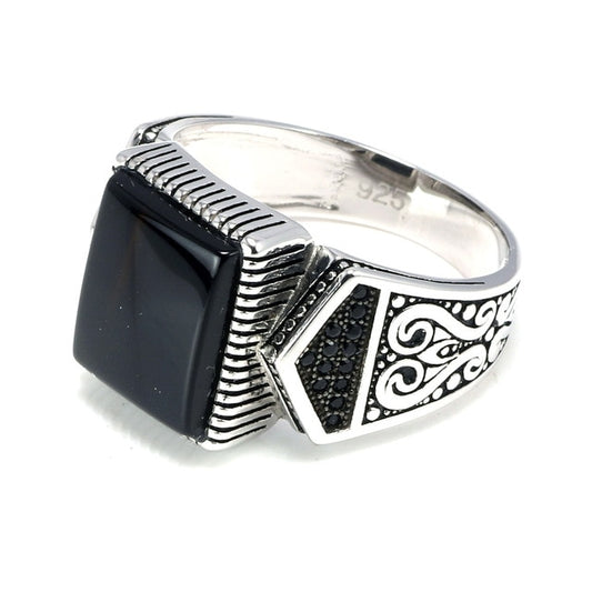 Natural Square Black Agate Stone 925 Sterling Silver Turkish Ring-Rings-Innovato Design-7-Innovato Design