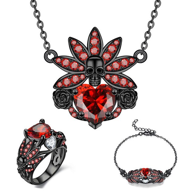 Skull, Crystal and Cubic Zirconia Necklace, Bracelet & Ring Wedding Jewelry Set-Jewelry Sets-Innovato Design-Red-10-Innovato Design
