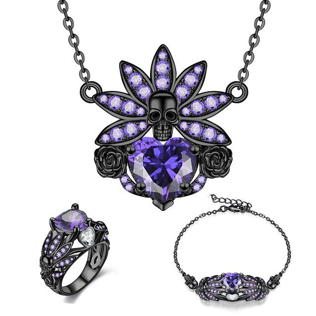Skull, Crystal and Cubic Zirconia Necklace, Bracelet & Ring Wedding Jewelry Set-Jewelry Sets-Innovato Design-Purple-10-Innovato Design