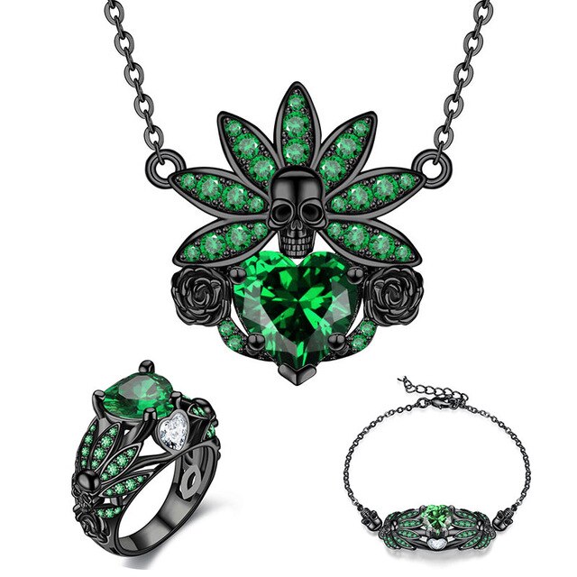 Skull, Crystal and Cubic Zirconia Necklace, Bracelet & Ring Wedding Jewelry Set-Jewelry Sets-Innovato Design-Green-10-Innovato Design