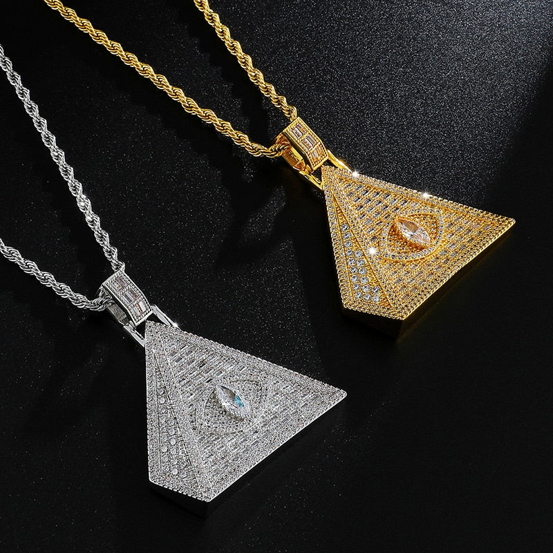 Cubic-Zirconia-Studded Pyramid Eye Bling Hip-hop Pendant Necklace-Necklaces-Innovato Design-Silver-4mm Tennis-24inch-Innovato Design