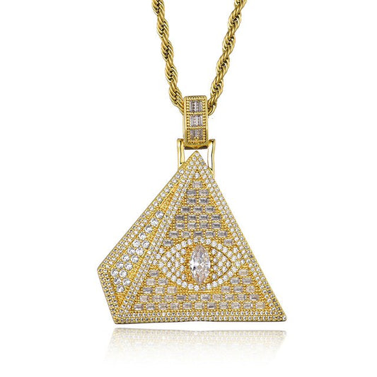 Cubic-Zirconia-Studded Pyramid Eye Bling Hip-hop Pendant Necklace