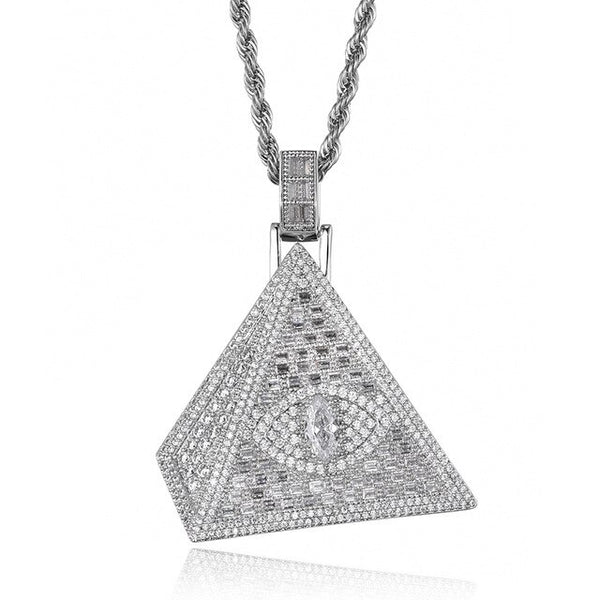 Cubic-Zirconia-Studded Pyramid Eye Bling Hip-hop Pendant Necklace-Necklaces-Innovato Design-Silver-4mm Tennis-24inch-Innovato Design