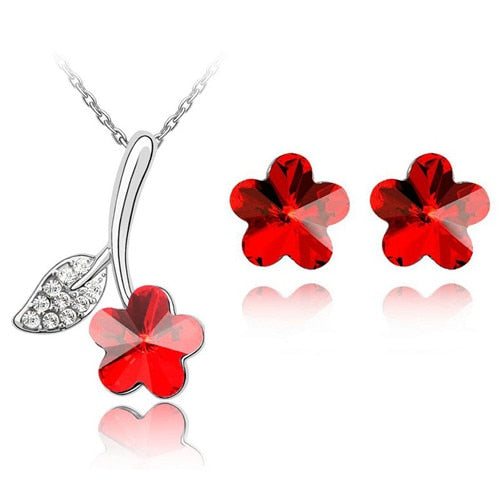 Austrian Crystal Flower Necklace & Earrings Fashion Jewelry Set-Jewelry Sets-Innovato Design-Rose Pink-Innovato Design