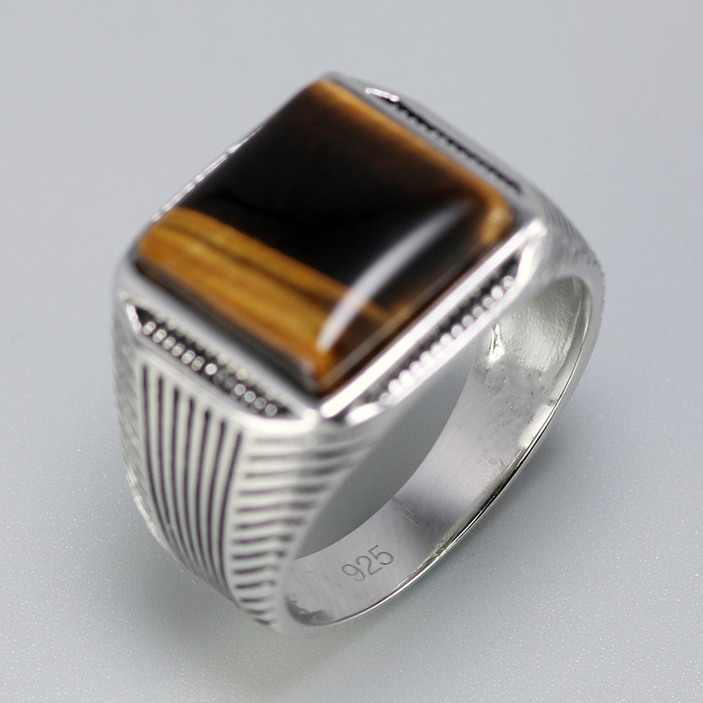 Tiger Eye and Stripe Pattern 925 Sterling Silver Authentic Retro Punk Ring-Rings-Innovato Design-7-Innovato Design