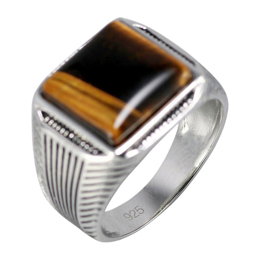 Tiger Eye and Stripe Pattern 925 Sterling Silver Authentic Retro Punk Ring-Rings-Innovato Design-7-Innovato Design