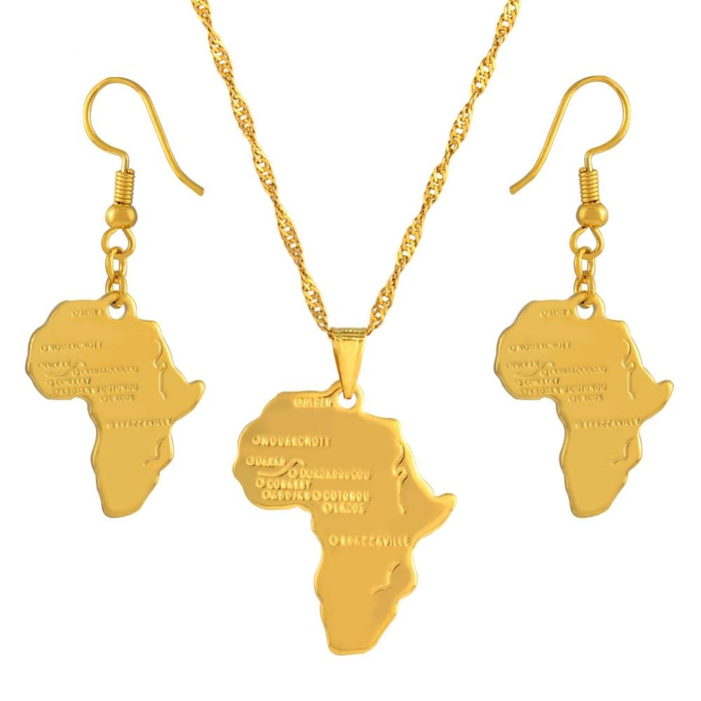 Gold-Plated Africa Map Pendant Necklace and Earrings Jewelry Set-Necklaces-Innovato Design-17.72in-Innovato Design