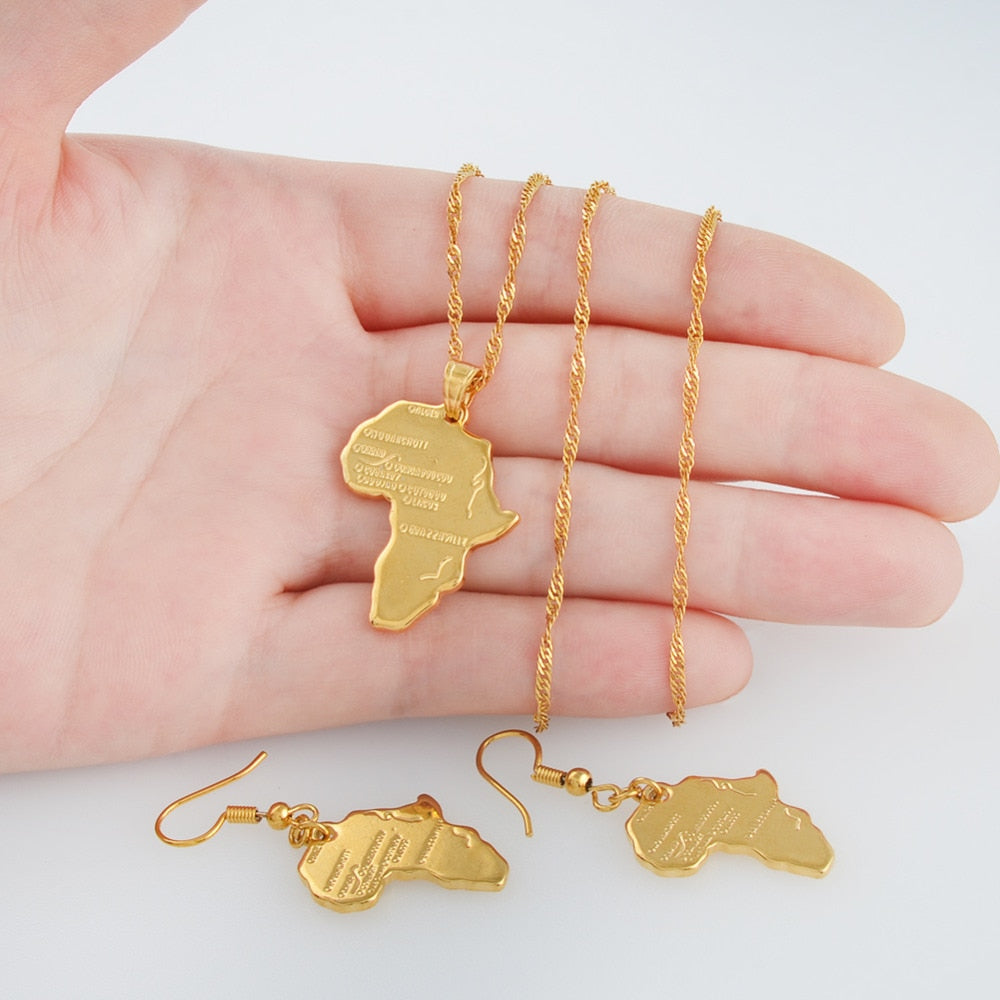 Gold-Plated Africa Map Pendant Necklace and Earrings Jewelry Set-Necklaces-Innovato Design-17.72in-Innovato Design