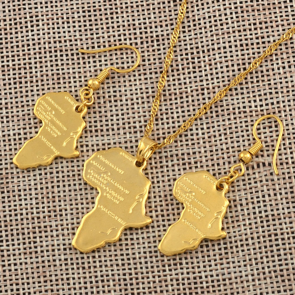 Gold-Plated Africa Map Pendant Necklace and Earrings Jewelry Set-Necklaces-Innovato Design-17.72in-Innovato Design
