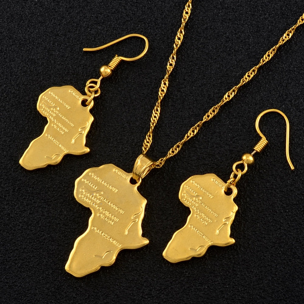Gold-Plated Africa Map Pendant Necklace and Earrings Jewelry Set-Necklaces-Innovato Design-17.72in-Innovato Design
