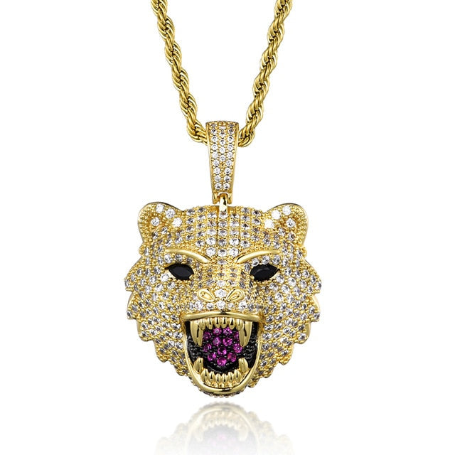 Cubic-Zirconia-Studded Wolf Head Bling Hip-hop Pendant Necklace-Necklaces-Innovato Design-Gold-4mm Tennis-24inch-Innovato Design
