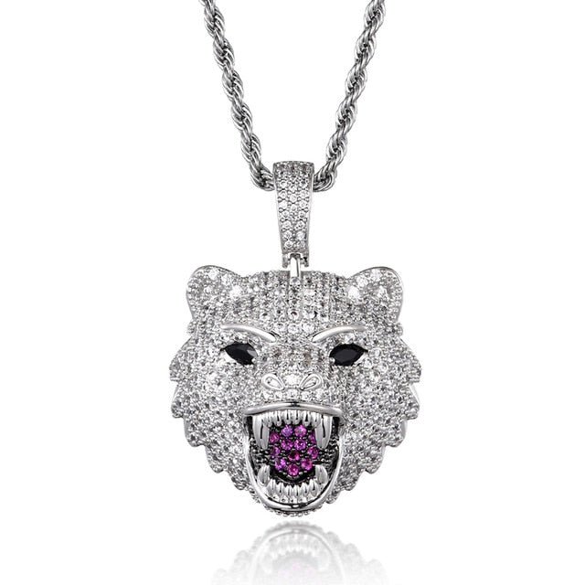 Cubic-Zirconia-Studded Wolf Head Bling Hip-hop Pendant Necklace-Necklaces-Innovato Design-Silver-6mm Cuban-20inch-Innovato Design