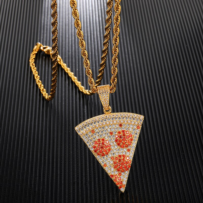 Micro Paved Cubic-Zirconia-Studded Pizza Bling Hip-hop Pendant Necklace-Necklaces-Innovato Design-Gold-6mm Cuban Chain-20inch-Innovato Design