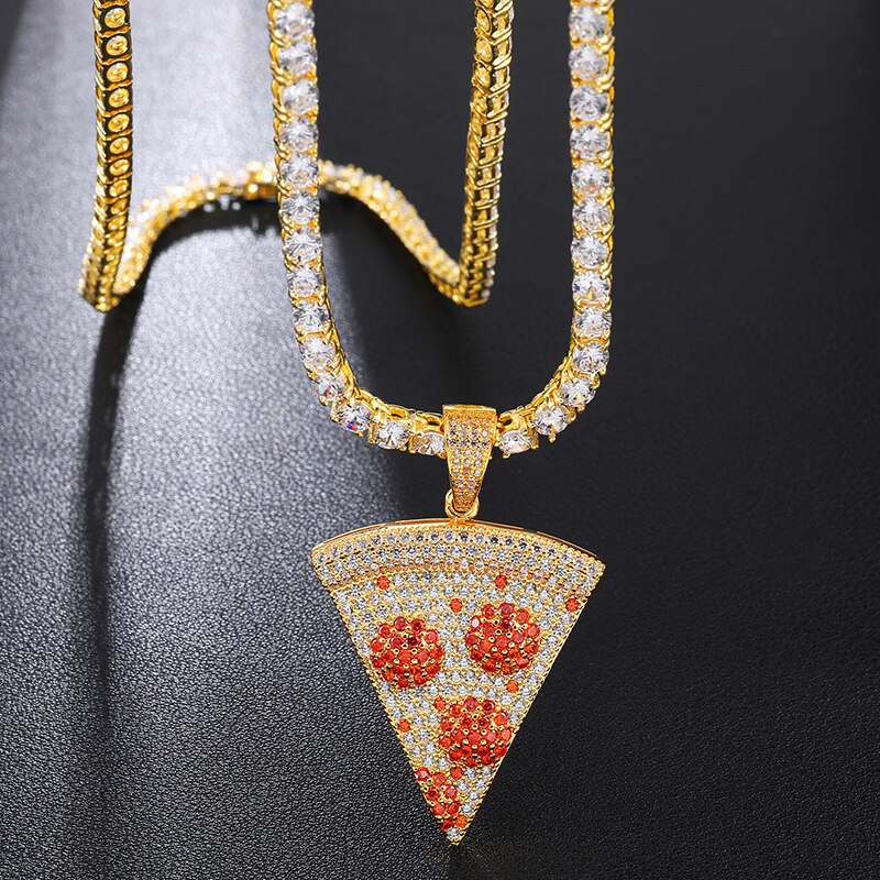 Micro Paved Cubic-Zirconia-Studded Pizza Bling Hip-hop Pendant Necklace-Necklaces-Innovato Design-Gold-6mm Cuban Chain-20inch-Innovato Design