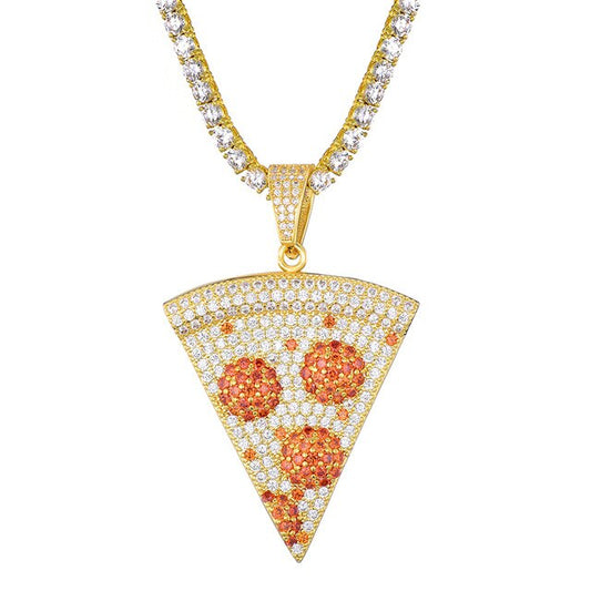 Micro Paved Cubic-Zirconia-Studded Pizza Bling Hip-hop Pendant Necklace