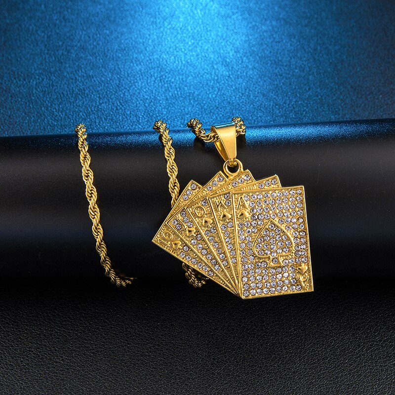Rhinestone-Studded Gold-Plated Poker Cards Bling Stainless Steel Hip-hop Pendant Necklace-Necklaces-Innovato Design-Innovato Design