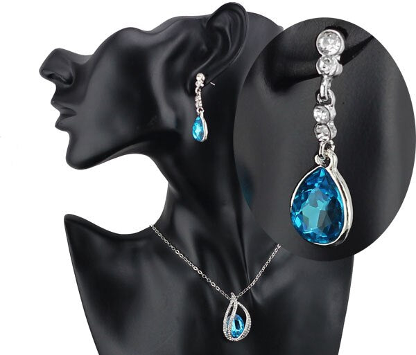 Austrian Crystal Flame Necklace, Bracelet & Earrings Fashion Jewelry Set-Jewelry Sets-Innovato Design-Ocean Blue-Innovato Design