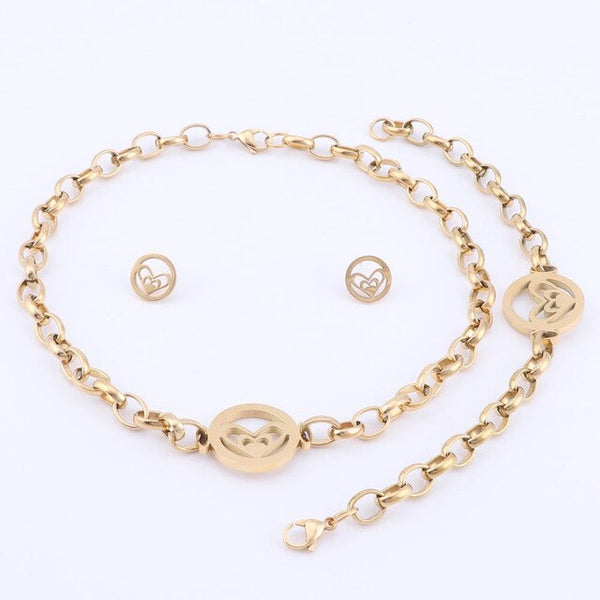 Stainless Steel Heart Necklace, Bracelet & Earrings Wedding Statement Jewelry Set