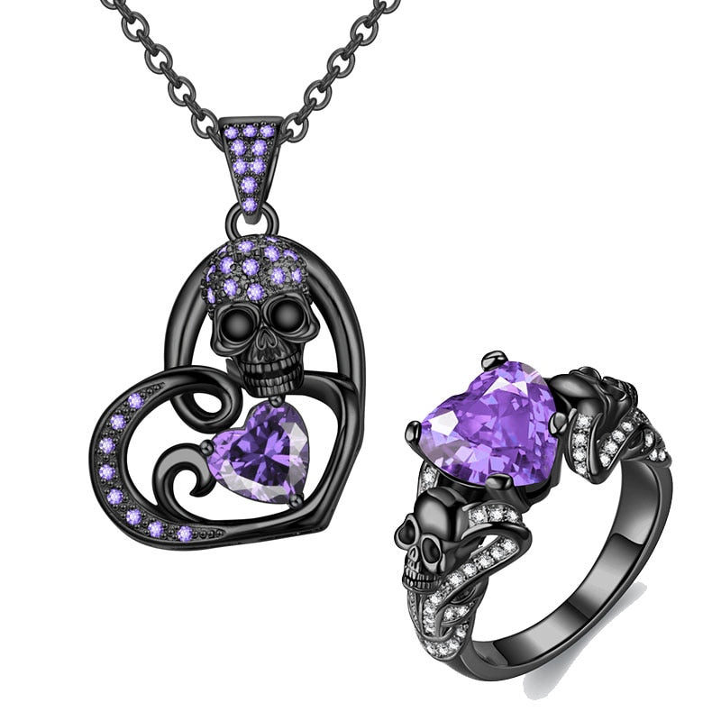 Skull and Heart Cubic Zirconia Necklace & Ring Wedding Jewelry Set-Jewelry Sets-Innovato Design-Purple-6-Innovato Design