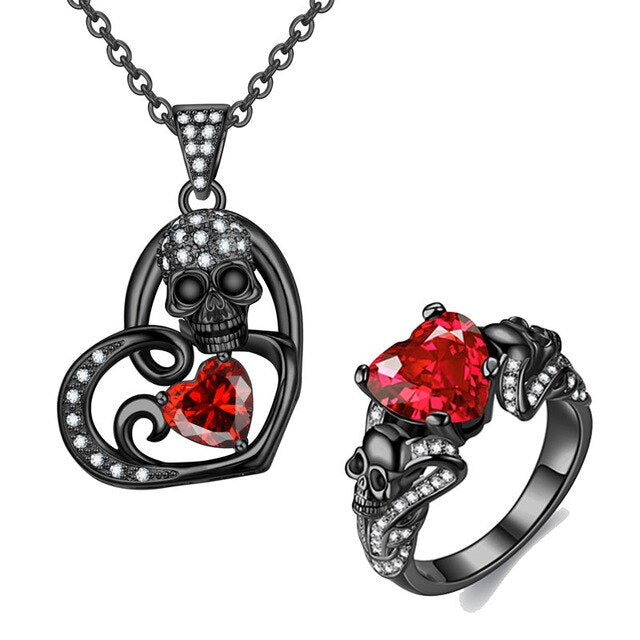 Skull and Heart Cubic Zirconia Necklace & Ring Wedding Jewelry Set-Jewelry Sets-Innovato Design-Red-8-Innovato Design