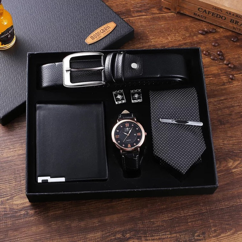 Men Quartz Watch, Belt, Wallet, Cufflinks, and Tie Clip Gift Set-Jewelry Sets-Innovato Design-Innovato Design