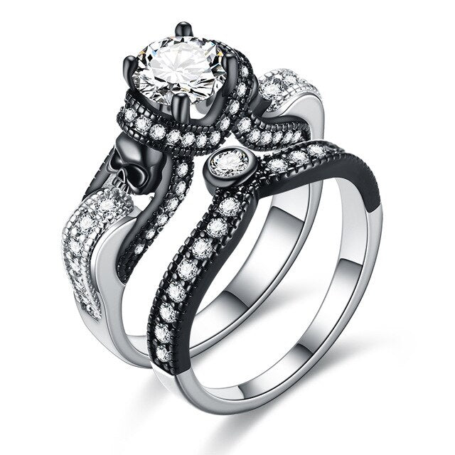 Skull and Cubic Zirconia Vintage Punk Double Engagement Ring-Rings-Innovato Design-10-White-Innovato Design